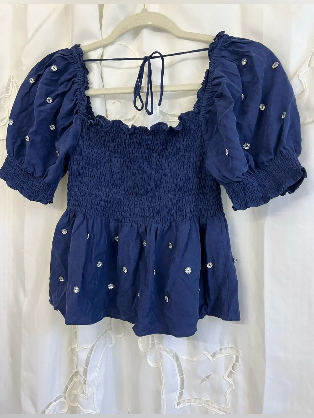 Hill House Home Jewel Jammie Top Navy Crystal Smocked Size Small